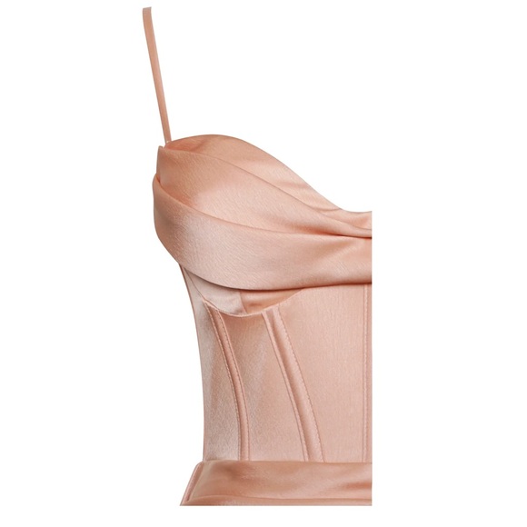 NWOT- Elayna Blush Strappy Satin Corset High Slit Gown - Picture 8 of 9
